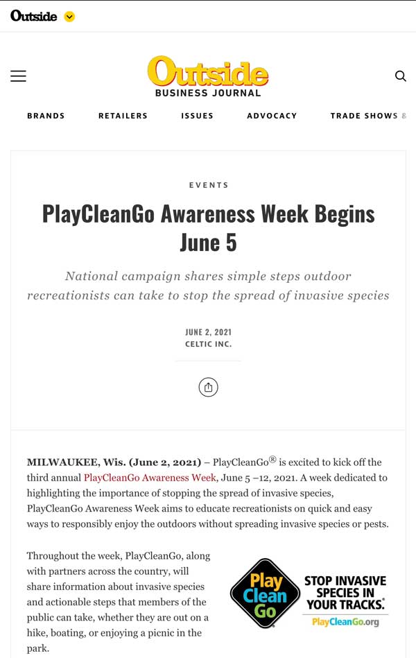 screenshot of Outside Business Journal article about PlayCleanGo Awareness Week