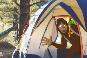 cartoon Bigfoot waves from inside a realistic tent in a sunlit forest
