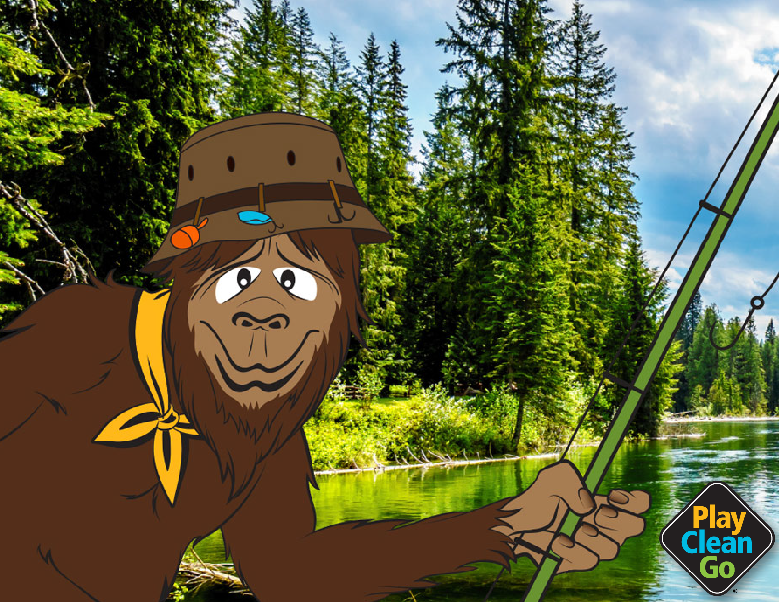 Bigfoot creature wears yellow-orange bandanna and fisher's cap, carrying a lime green fishing pole. In the background is a mountain lake with tall spruce trees.
