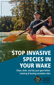 Poster of a silver fox kayaking with blue bottom border and white text that says, "Stop Invasive Species in Your Wake."